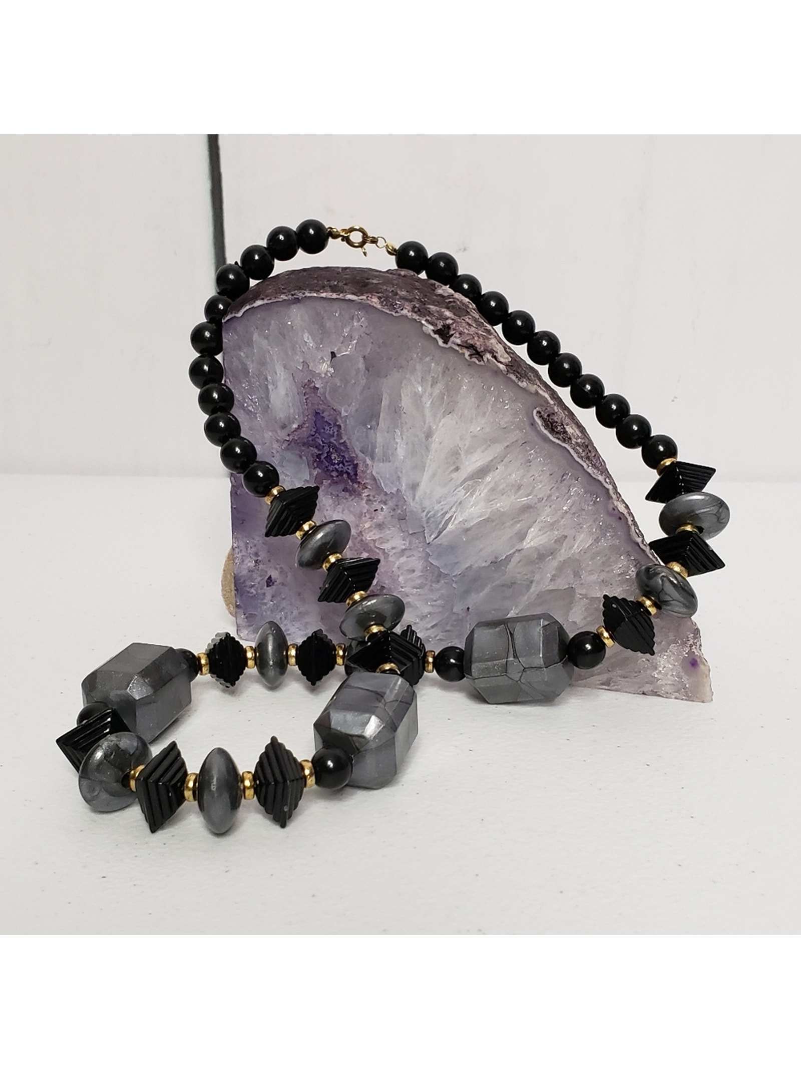 Fashion Jewelry Ebony Mix Geometric Bead Statement Necklace